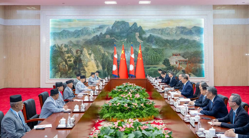 Chinese President Xi Jinping meets with Nepali Prime Minister KP Sharma Oli in Tianjin, north China, Aug. 30, 2025. Oli is in China to attend the Shanghai Cooperation Organization (SCO) Summit 2025, as well as commemorations marking the 80th anniversary of the victory in the Chinese People's War of Resistance against Japanese Aggression and the World Anti-Fascist War. (Xinhua/Zhai Jianlan)