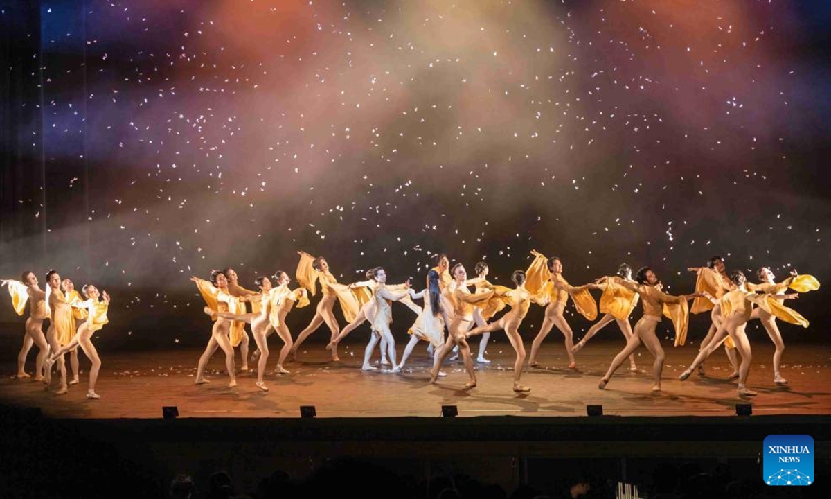 Ballet dancers perform The Butterfly Lovers at Lincoln Center in New York City, the United States, Aug. 22, 2025. Adapted by Hong Kong Ballet, The Butterfly Lovers made its overseas debut at the David H. Koch Theater of Lincoln Center in New York City on Friday night, offering a captivating fusion of the East and the West. (Photo by Winston Zhou/Xinhua)