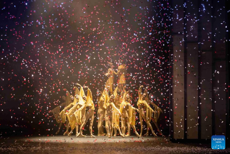 Ballet dancers perform The Butterfly Lovers at Lincoln Center in New York City, the United States, Aug. 22, 2025. Adapted by Hong Kong Ballet, The Butterfly Lovers made its overseas debut at the David H. Koch Theater of Lincoln Center in New York City on Friday night, offering a captivating fusion of the East and the West. (Photo by Winston Zhou/Xinhua)