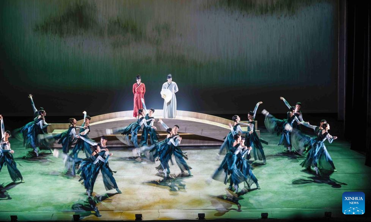 Ballet dancers perform The Butterfly Lovers at Lincoln Center in New York City, the United States, Aug. 22, 2025. Adapted by Hong Kong Ballet, The Butterfly Lovers made its overseas debut at the David H. Koch Theater of Lincoln Center in New York City on Friday night, offering a captivating fusion of the East and the West. (Photo by Winston Zhou/Xinhua)