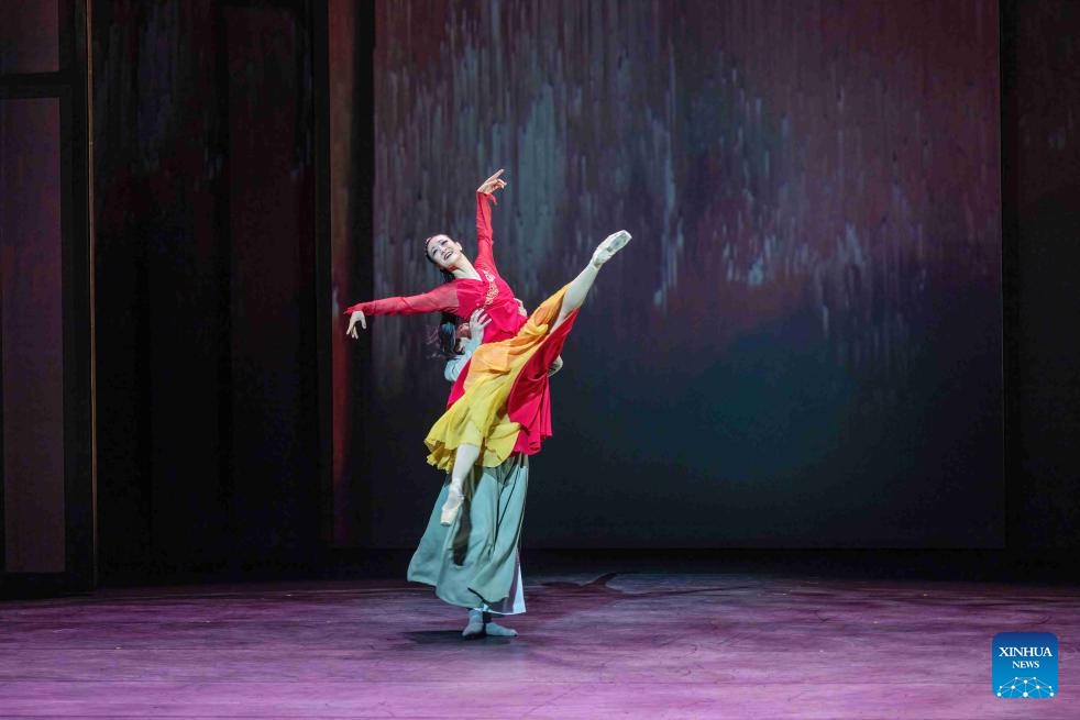 Ballet dancers perform The Butterfly Lovers at Lincoln Center in New York City, the United States, Aug. 22, 2025. Adapted by Hong Kong Ballet, The Butterfly Lovers made its overseas debut at the David H. Koch Theater of Lincoln Center in New York City on Friday night, offering a captivating fusion of the East and the West. (Photo by Winston Zhou/Xinhua)