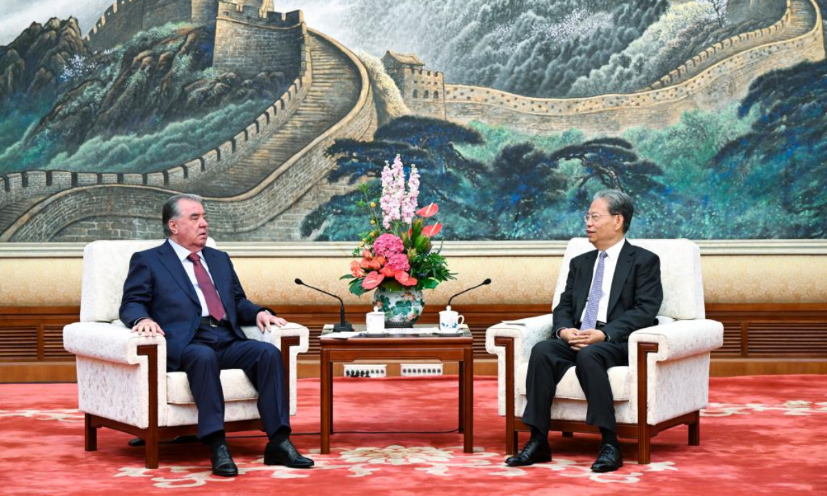 Zhao Leji, chairman of the National People's Congress Standing Committee, meets with Tajik President Emomali Rahmon in Beijing, capital of China, Sept. 3, 2025. Rahmon is in China for the Shanghai Cooperation Organization Summit 2025, as well as commemorations marking the 80th anniversary of the victory in the Chinese People's War of Resistance against Japanese Aggression and the World Anti-Fascist War. (Xinhua/Zhang Ling)