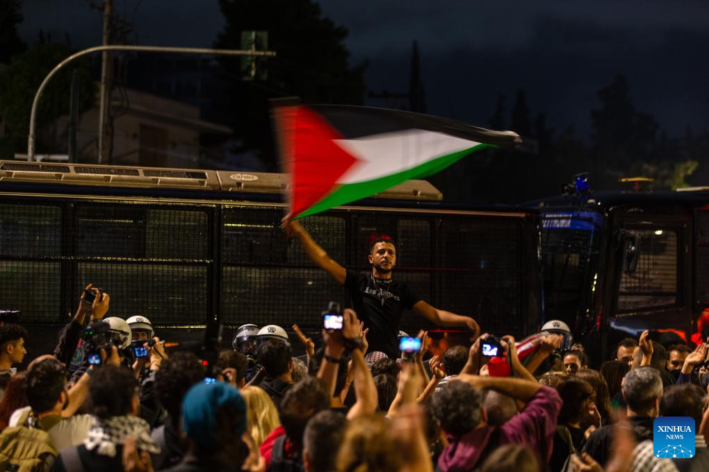 Protesters gather for a demonstration outside the Israeli embassy in Athens, Greece, Oct. 2, 2025. (Xinhua/Marios Lolos)