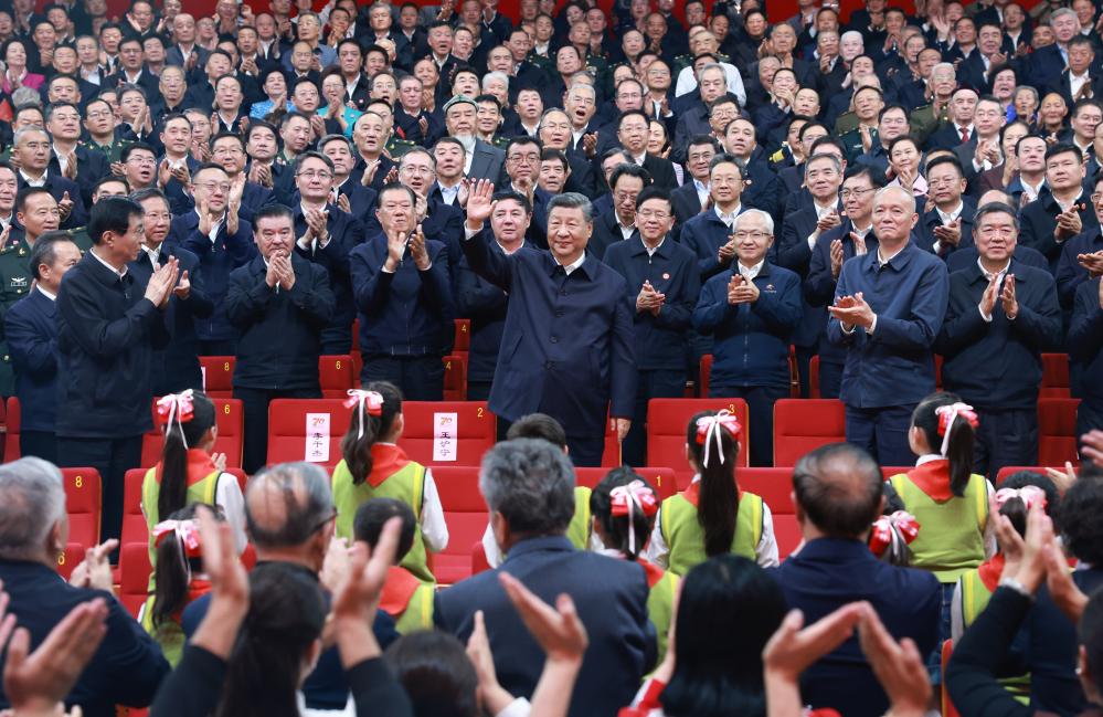 Chinese President Xi Jinping, also general secretary of the Communist Party of China Central Committee and chairman of the Central Military Commission, waves to people while attending a gala marking the 70th founding anniversary of Xinjiang Uygur Autonomous Region in Urumqi, the regional capital, on Sept. 24, 2025. Xi joined people of all ethnic groups in Xinjiang to watch the gala entitled Beautiful Xinjiang. (Xinhua/Ding Lin)