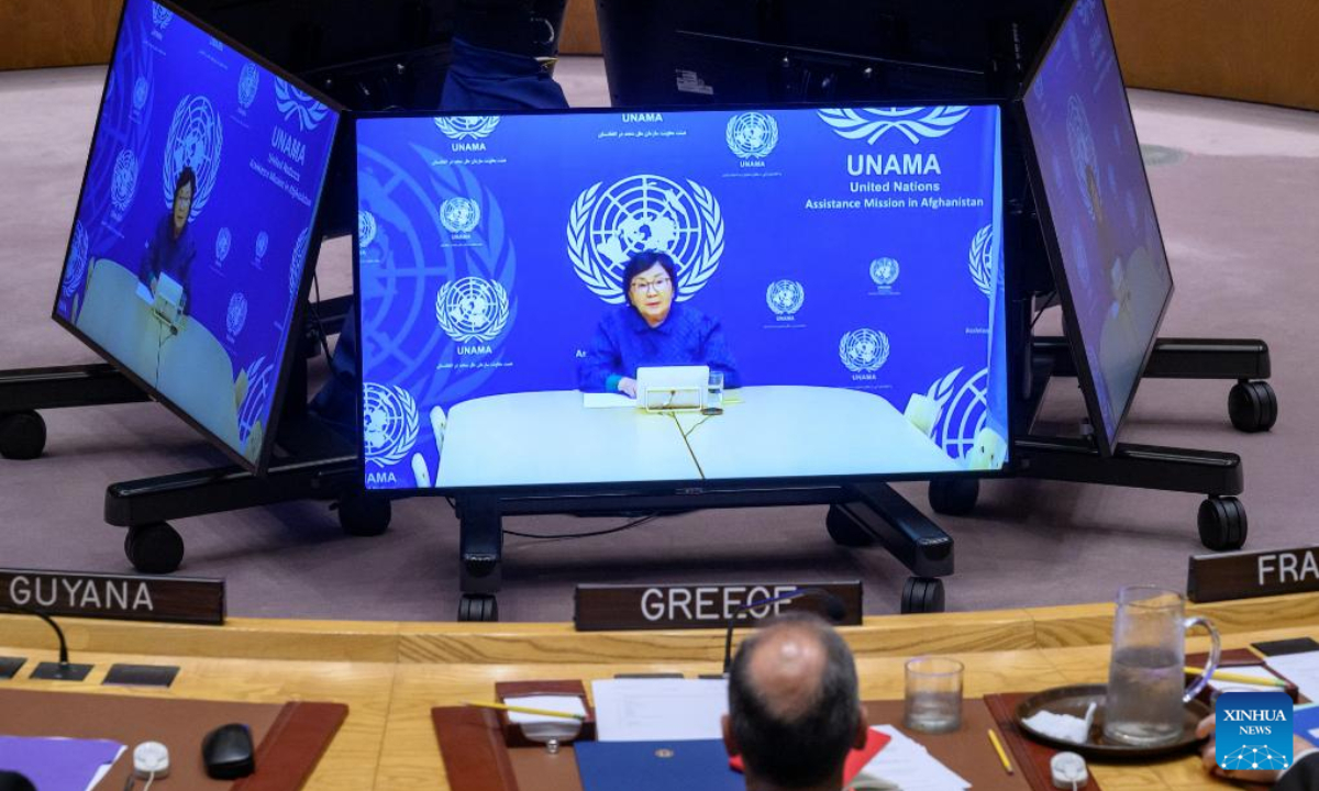 Roza Otunbayeva, the UN secretary-general's special representative for Afghanistan (on screens) speaks via a video link at a Security Council meeting at the UN headquarters in New York, Sept. 17, 2025. Otunbayeva on Wednesday called for the international community's continued engagement with the war-torn country. (Loey Felipe/UN Photo/Handout via Xinhua)