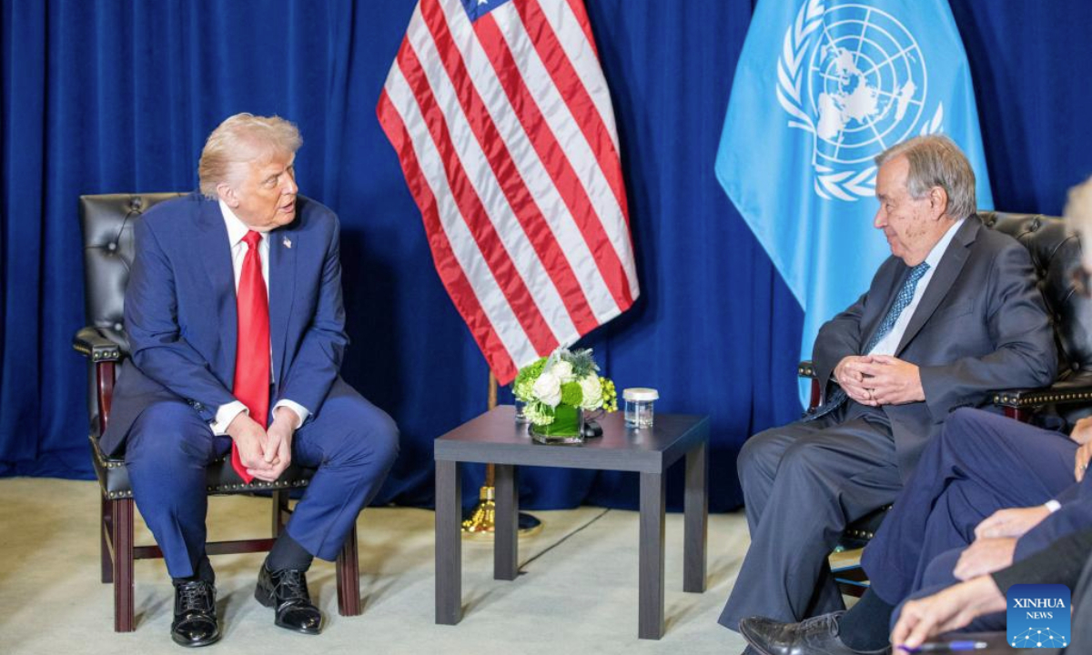 UN Secretary-General Antonio Guterres (R) meets with U.S. President Donald Trump at the UN headquarters in New York, Sept. 23, 2025. (Xinhua/Xie E)