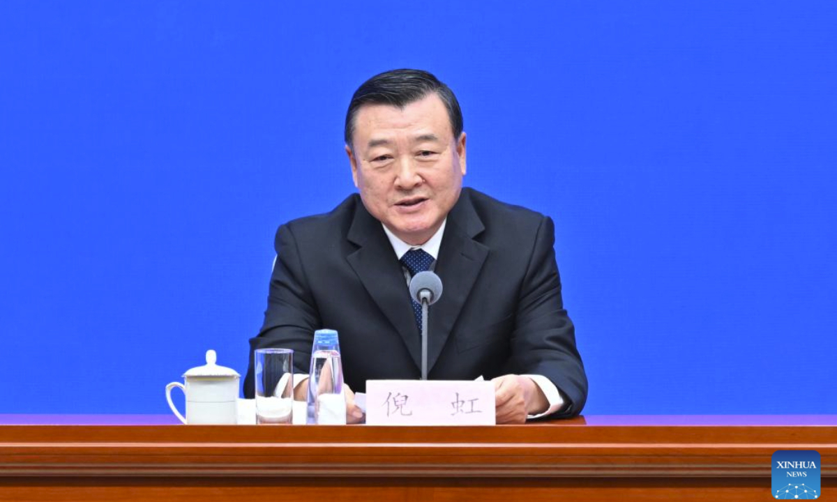 China's Minister of Housing and Urban-Rural Development Ni Hong attends a press conference held by the State Council Information Office (SCIO) on achievements in high-quality housing and urban-rural development during the 14th Five-Year Plan period (2021-2025) in Beijing, capital of China, Oct. 11, 2025. (Xinhua/Li Xin)