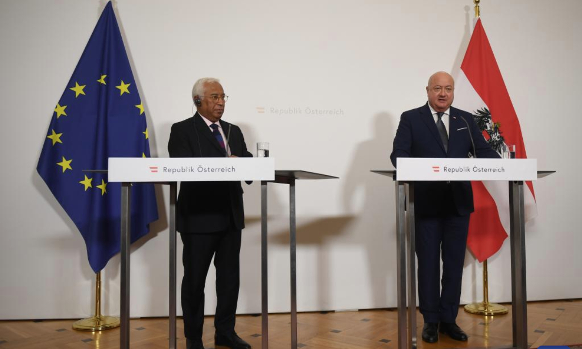 European Council President Antonio Costa (L) and Austrian Chancellor Christian Stocker attend a press conference in Vienna, Austria, Sept. 3, 2025. (Xinhua/He Canling)