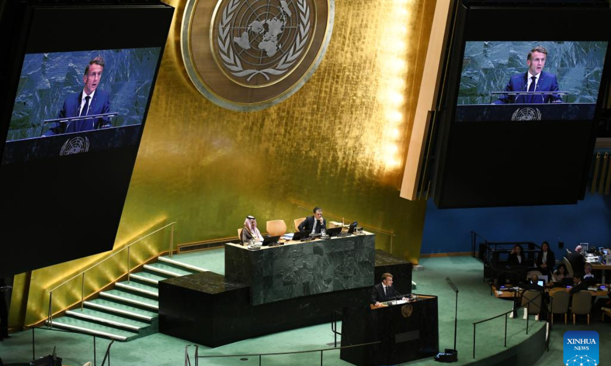French President Emmanuel Macron speaks during the High-Level International Conference for the Peaceful Settlement of the Question of Palestine and the Implementation of the Two-State Solution at the UN headquarters in New York, Sept. 22, 2025. French President Emmanuel Macron said Monday at a UN meeting on the two-state solution that his country recognizes the State of Palestine, joining most of the other UN member states that have already done so. (Xinhua/Li Rui)