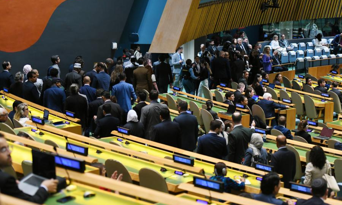 Delegates leave as Israeli Prime Minister Benjamin Netanyahu prepares to deliver a speech during the General Debate of the 80th session of the United Nations General Assembly (UNGA) at the UN headquarters in New York, Sep 26, 2025. Photo:Xinhua