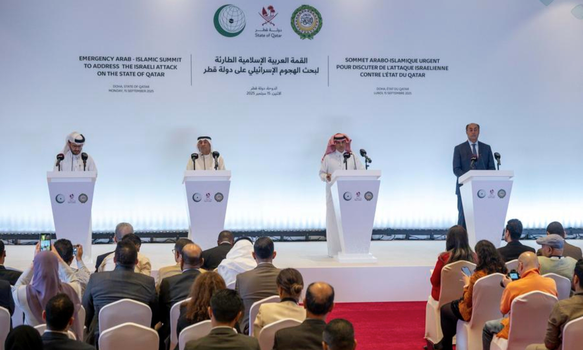 Qatari Foreign Ministry spokesman Majed Al Ansari, Gulf Cooperation Council (GCC) Secretary-General Jassim al-Budaiwi, OIC Assistant Secretary-General Ambassador Youssef Al-Dobeay and Arab League Deputy Secretary-General Hossam Zaki (from L to R) attend a press conference after the emergency Arab-Islamic summit in Doha, Qatar, Sept. 15, 2025. (Photo by Nikku/Xinhua)