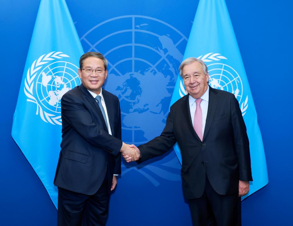 Chinese Premier Li Qiang meets with UN Secretary-General Antonio Guterres in New York, Sept. 24, 2025. (Xinhua/Wang Ye)