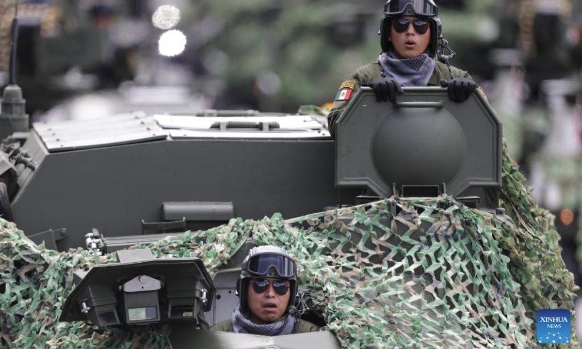 Soldiers participate in an Independence Day military parade at the Zocalo Square in Mexico City, Mexico, on Sept. 16, 2025. (Photo by Francisco Canedo/Xinhua)