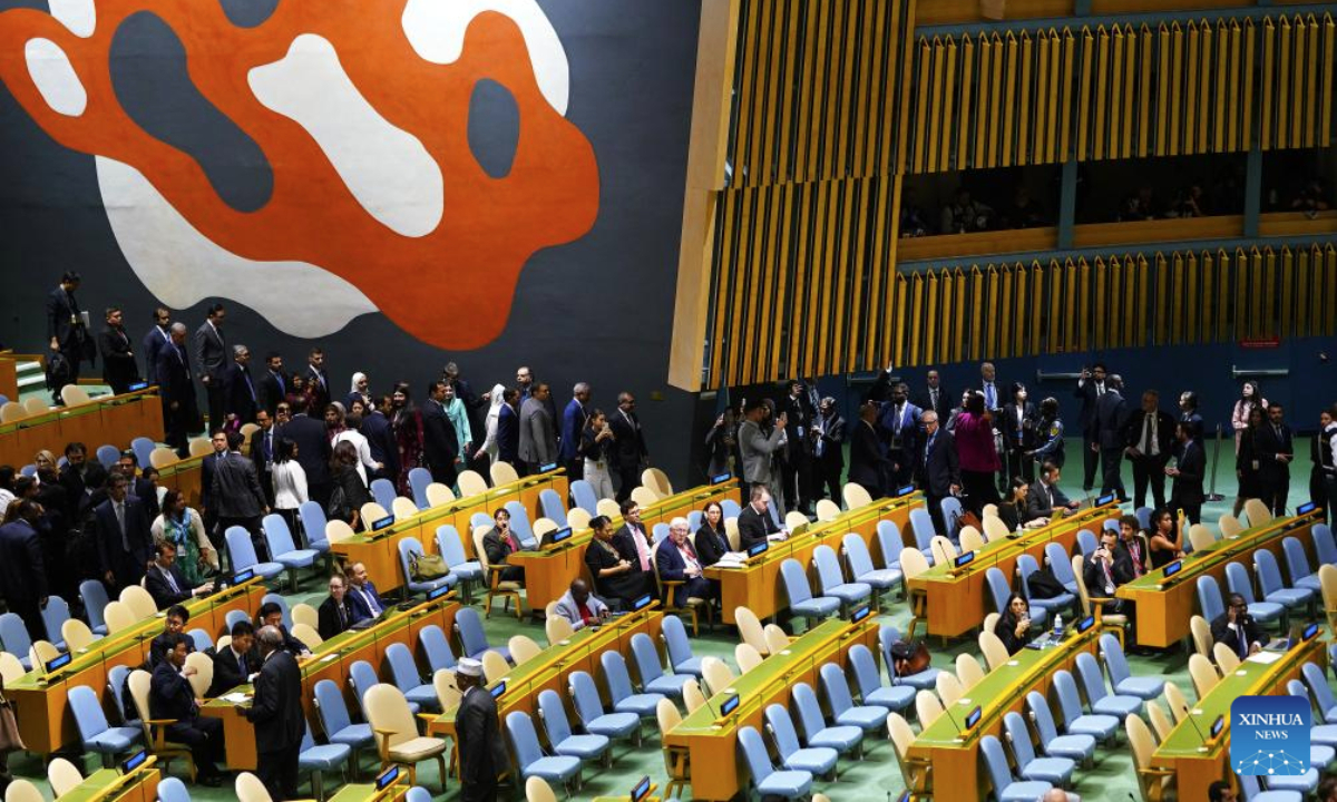 Delegates leave the General Assembly hall as Israeli Prime Minister Benjamin Netanyahu delivers a speech during the General Debate of the 80th session of the United Nations General Assembly (UNGA) at the UN headquarters in New York, Sept. 26, 2025. (Xinhua/Wu Xiaoling)