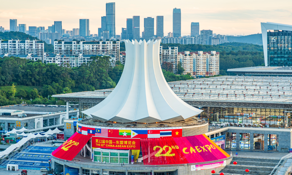 An aerial photo taken on September 15, 2025 shows the Nanning International Convention and Exhibition Center, the venue for the 22nd China-ASEAN Expo (CAEXPO) in Nanning, South China's Guangxi Zhuang Autonomous Region. Photo: VCG