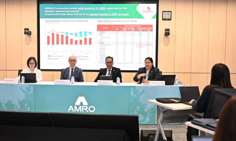 The ASEAN+3 Macroeconomic Research Office (AMRO) released its ASEAN+3 Financial Stability Report (AFSR) 2025 and the ASEAN+3 Regional Economic Outlook (AREO) October Update in Singapore, on October 9, 2025. Photo: AMRO