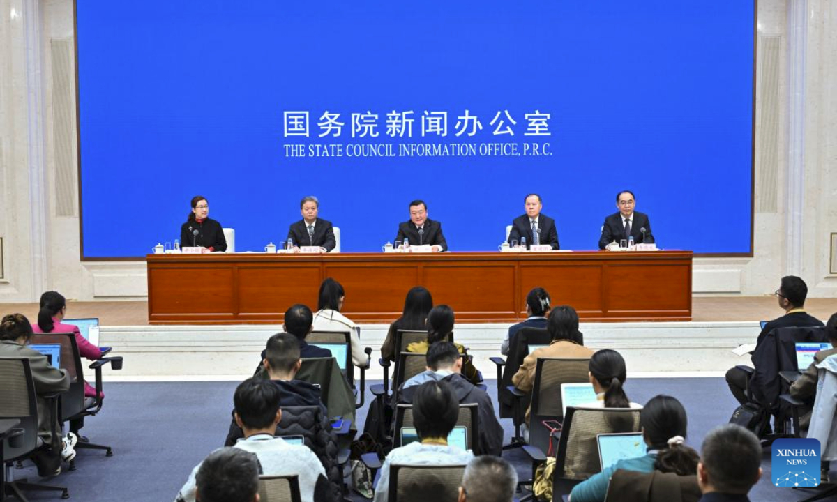 Ni Hong, China's minister of housing and urban-rural development, and Dong Jianguo, Qin Haixiang and Li Xiaolong, all vice ministers of housing and urban-rural development, attend a press conference held by the State Council Information Office (SCIO) on achievements in high-quality housing and urban-rural development during the 14th Five-Year Plan period (2021-2025) in Beijing, capital of China, Oct. 11, 2025. (Xinhua/Li Xin)