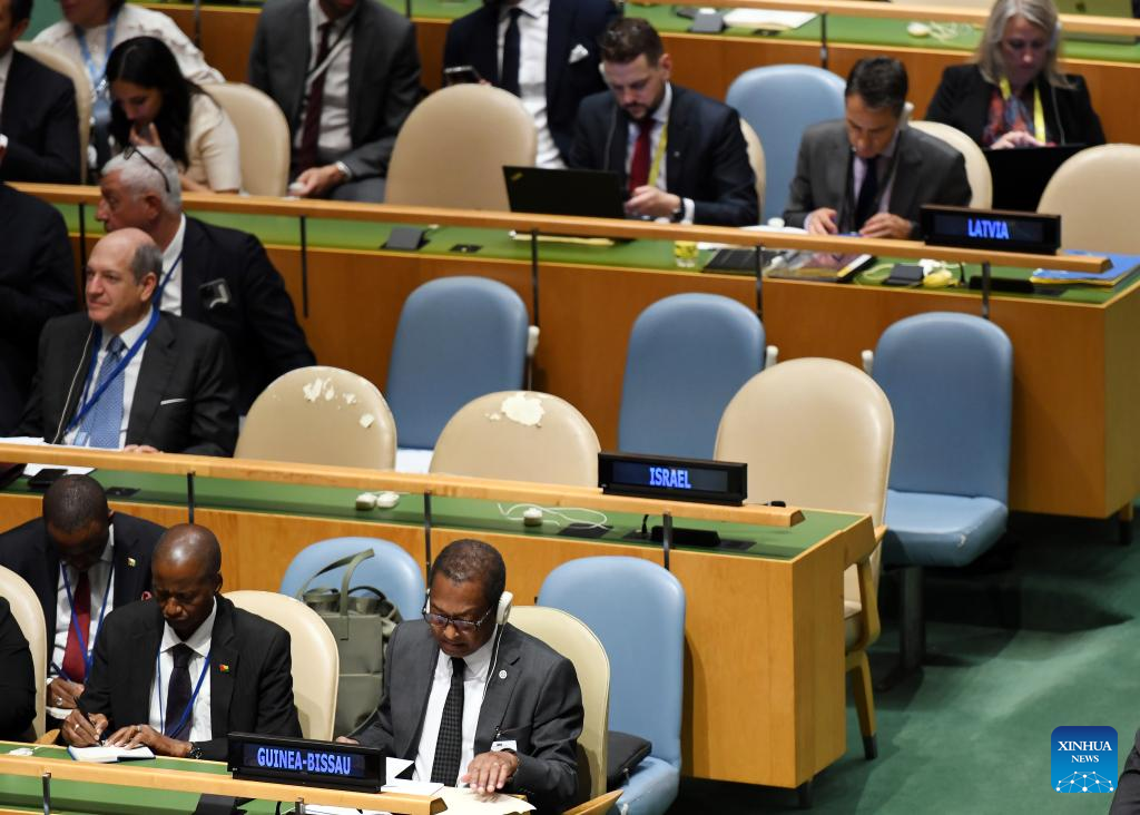 Empty seats of Israeli delegation are seen during the High-Level International Conference for the Peaceful Settlement of the Question of Palestine and the Implementation of the Two-State Solution at the UN headquarters in New York, Sept. 22, 2025. French President Emmanuel Macron said Monday at a UN meeting on the two-state solution that his country recognizes the State of Palestine, joining most of the other UN member states that have already done so. (Xinhua/Li Rui)