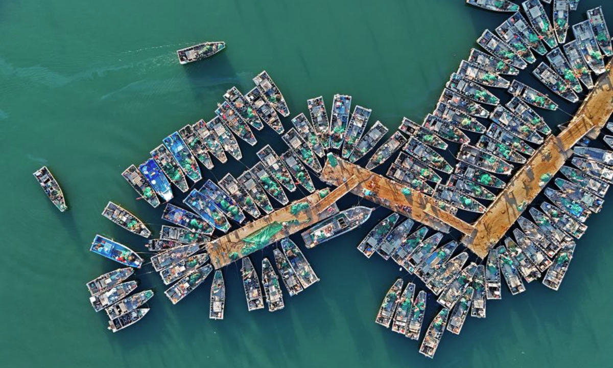 A drone photo taken on April 28, 2025 shows fishing boats returning to a fishing port before a fishing ban in Yantai City, east China's Shandong Province. (Photo by Sun Wentan/Xinhua)