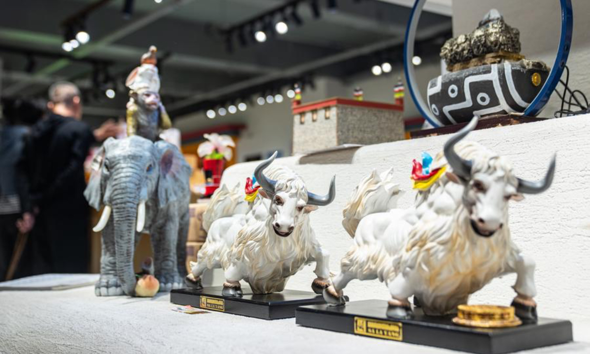 This photo taken on Sept. 29, 2025 shows cultural and creative ornaments designed by Yakhore Design Company in Lhasa, southwest China's Xizang Autonomous Region. (Xinhua/Tenzin Nyida)