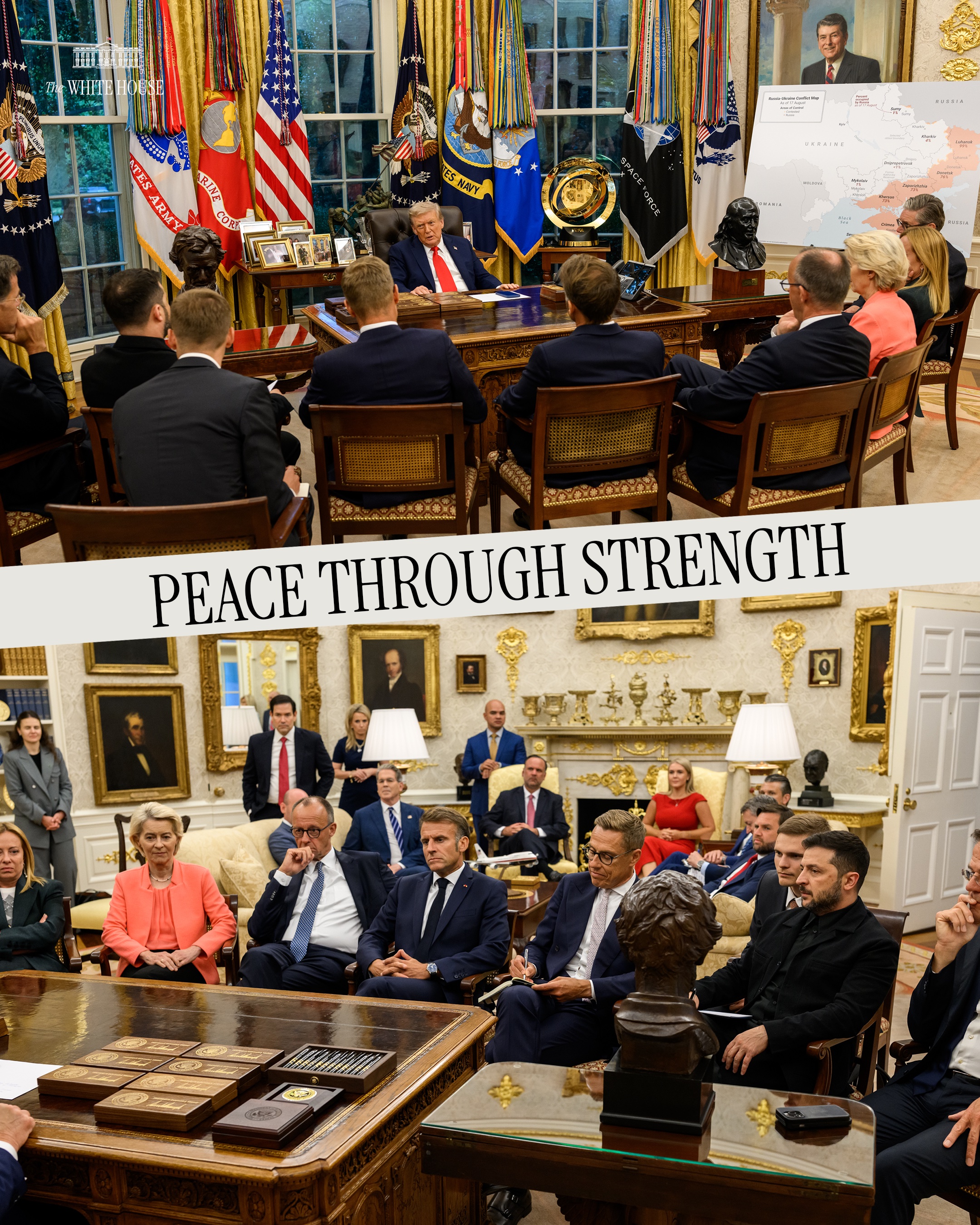 Newly released photos of US President Donald Trump seated in the Oval Office while major world leaders sitting around him. Photo: White House website