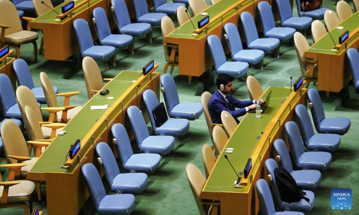 Empty seats are pictured at the General Assembly hall as Israeli Prime Minister Benjamin Netanyahu delivers a speech during the General Debate of the 80th session of the United Nations General Assembly (UNGA) at the UN headquarters in New York, Sept. 26, 2025. (Xinhua/Wu Xiaoling)