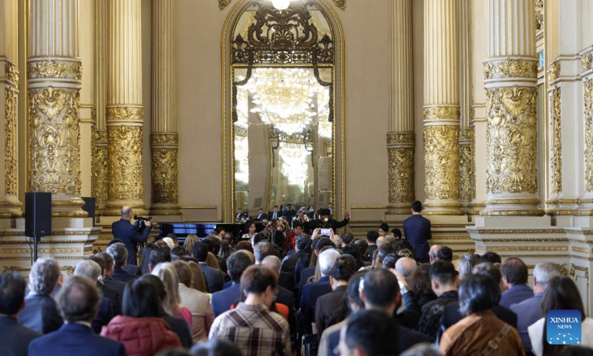 Musicians from China Conservatory of Music perform traditional Chinese pieces during a Chinese folk music concert at the Colon Theater in Buenos Aires, Argentina, Sept. 22, 2025. (Xinhua/Meng Dingbo)