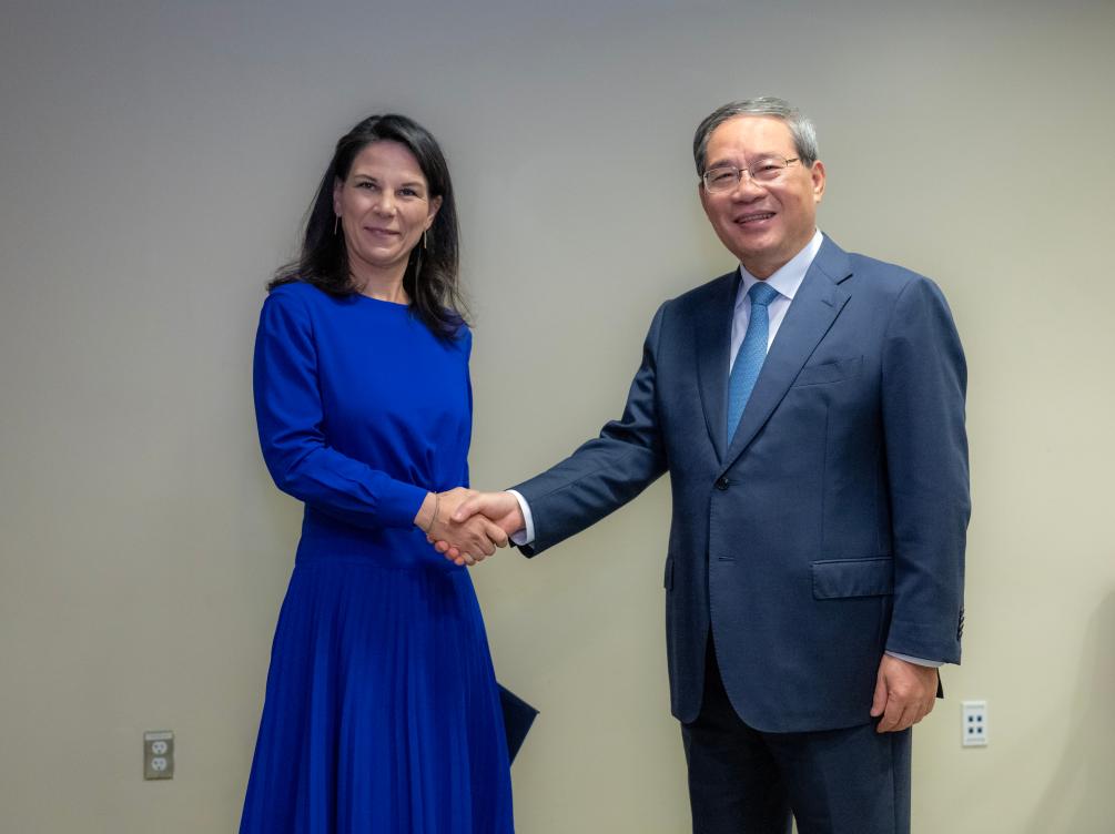 Chinese Premier Li Qiang meets with Annalena Baerbock, president of the 80th session of the United Nations General Assembly (UNGA), in New York, Sept. 24, 2025. (Xinhua/Zhai Jianlan)