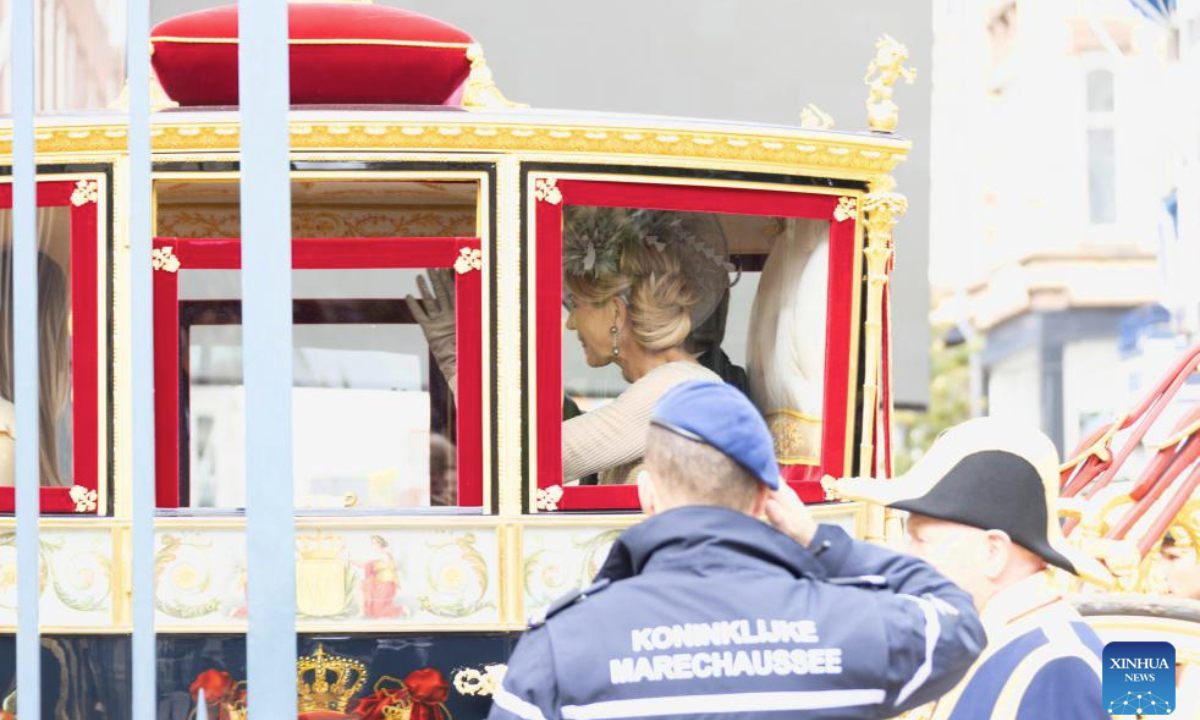 Dutch Queen Maxima waves to people in the Glass Coach on Prinsjesdag, or Prince's Day, in The Hague, the Netherlands, Sept. 16, 2025. The third Tuesday of September is the Prince's Day in the Netherlands, which marks the opening of the Dutch parliamentary season, and on this day the reigning monarch outlines the government's plans for the year ahead. (Photo by Sylvia Lederer/Xinhua)