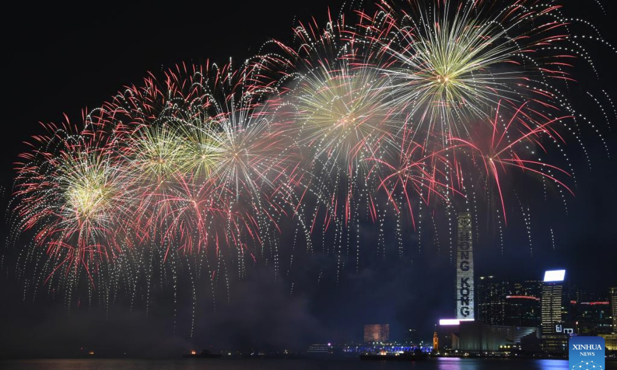 Fireworks celebrating the 76th anniversary of the founding of the People's Republic of China illuminate the sky over Victoria Harbour in Hong Kong, south China, Oct. 1, 2025. (Xinhua/Chen Duo)