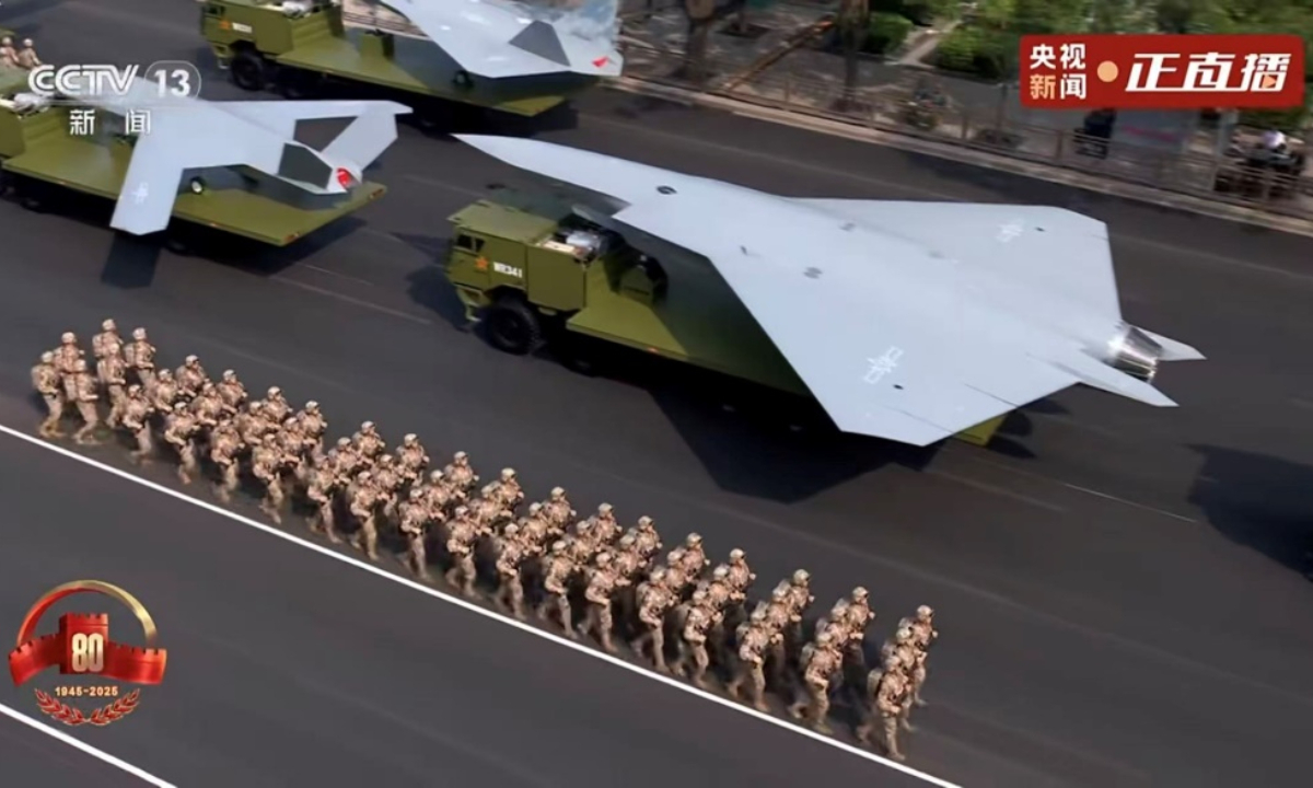 Multiple new types of unmanned aerial vehicles debut at China's V-day military parade on September 3, 2025. Photo Screenshot from CCTV News