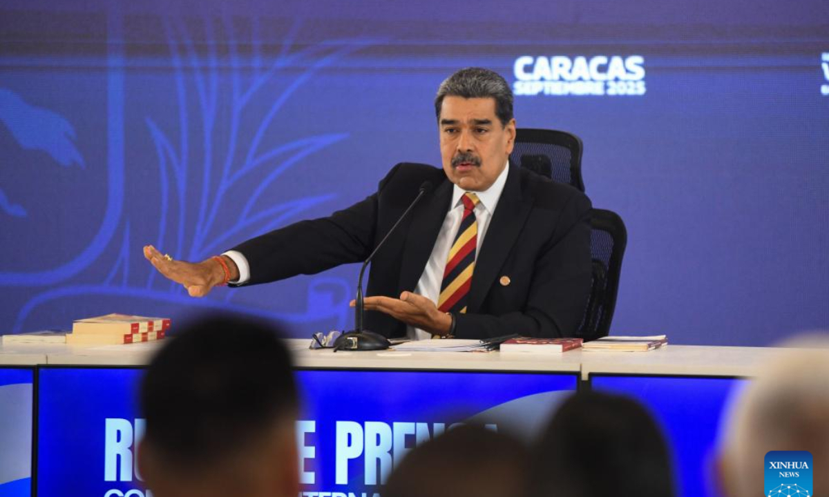 Venezuelan President Nicolas Maduro addresses a press conference in Caracas, Venezuela, on Sept. 1, 2025. Maduro said Monday that his country is facing the biggest threat our continent has seen in the last 100 years as the United States steps up its naval presence near the country's territorial waters. (Photo by Marcos Salgado/Xinhua)