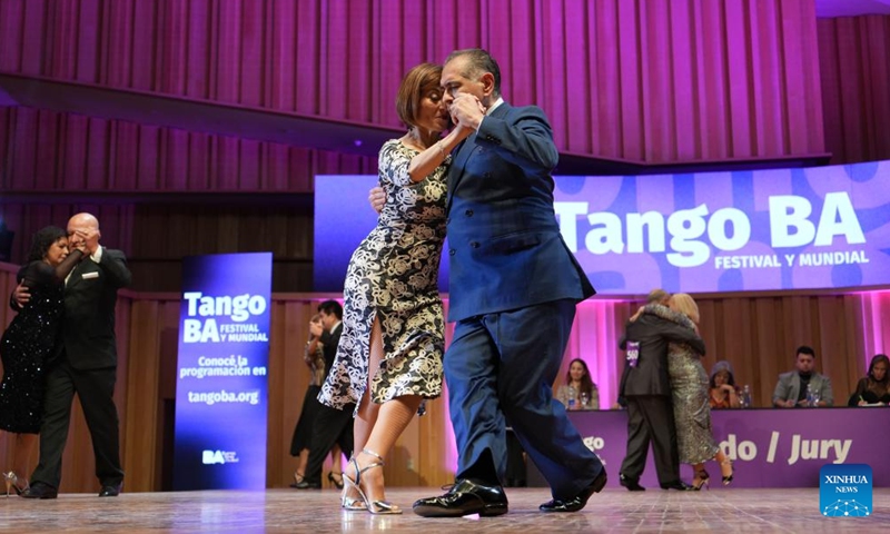 Dancers perform during a competition of the Tango Festival in Buenos Aires, Argentina, Aug. 24, 2025. (Xinhua)