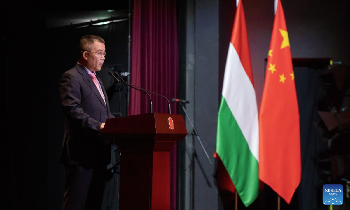 Chinese Ambassador to Hungary Gong Tao speaks during a reception to mark the 76th anniversary of the founding of the People's Republic of China and the 76th anniversary of diplomatic ties between China and Hungary in Budapest, Hungary, Sept. 16, 2025. (Photo by Attila Volgyi/Xinhua)