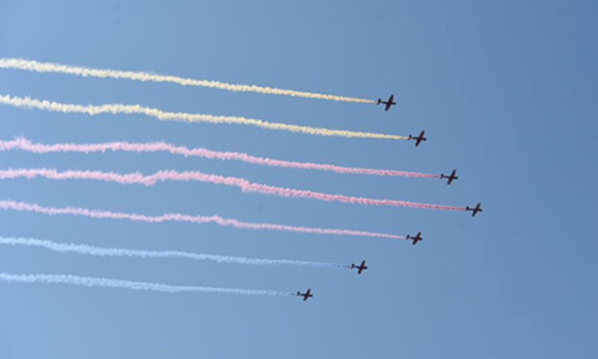 Trainer aircraft escorting the flags attend a parade in Beijing, capital of China, Sept 3, 2015. Photo: Xinhua