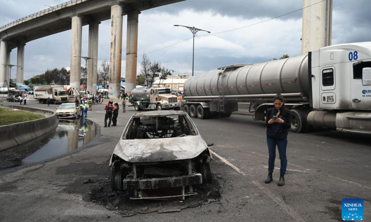 A burned car is pictured at the gas tanker truck explosion accident site in Mexico City, Mexico, Sept. 10, 2025. Fifty-seven people were injured after a gas tanker truck exploded on Wednesday in Mexico City, with 19 of them in serious condition, local authorities said. (Str/Xinhua)