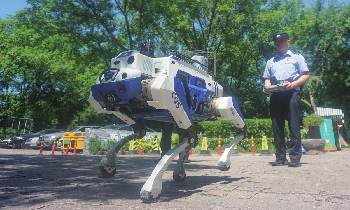 A robotic police dog patrols the Xixi National Wetland Park in Hangzhou, East China's Zhejiang Province on August 25, 2025. Photo: VCG