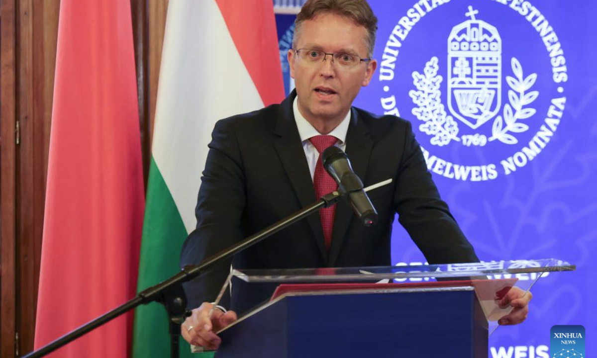 Balazs Hanko, Hungary's Minister of Culture and Innovation, speaks at the opening ceremony of the Chinese Hungarian Rector's Forum in Budapest, Hungary, Sept. 22, 2025. Senior Chinese and Hungarian officials on Monday underscored the strategic importance of strengthening higher education ties at the opening ceremony of the Chinese Hungarian Rector's Forum, held at Semmelweis University in Budapest. (Photo by Attila Volgyi/Xinhua)