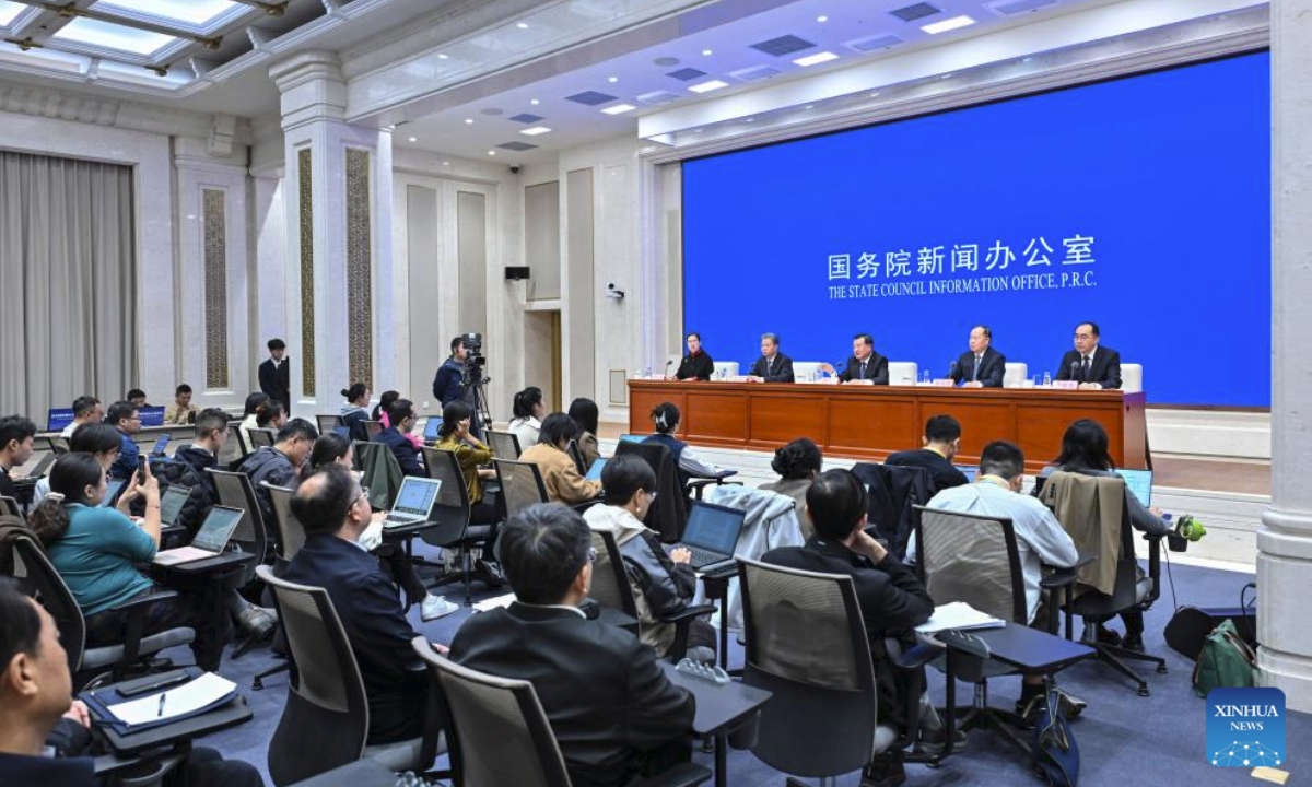 Ni Hong, China's minister of housing and urban-rural development, and Dong Jianguo, Qin Haixiang and Li Xiaolong, all vice ministers of housing and urban-rural development, attend a press conference held by the State Council Information Office (SCIO) on achievements in high-quality housing and urban-rural development during the 14th Five-Year Plan period (2021-2025) in Beijing, capital of China, Oct. 11, 2025. (Xinhua/Li Xin)