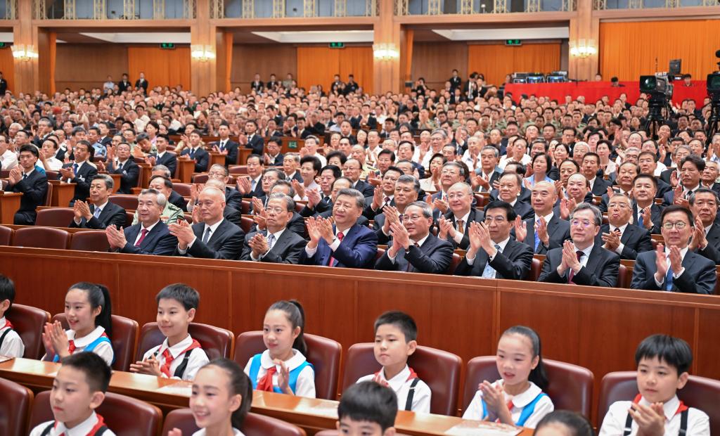 Party and state leaders Xi Jinping, Li Qiang, Zhao Leji, Wang Huning, Cai Qi, Ding Xuexiang, Li Xi, and Han Zheng, together with about 6,000 people, watch a grand cultural gala at the Great Hall of the People in Beijing, capital of China, Sept. 3, 2025. With the theme of Justice Prevails, the gala was staged on Wednesday evening to commemorate the 80th anniversary of the victory of the Chinese People's War of Resistance against Japanese Aggression and the World Anti-Fascist War. (Xinhua/Li Xiang)