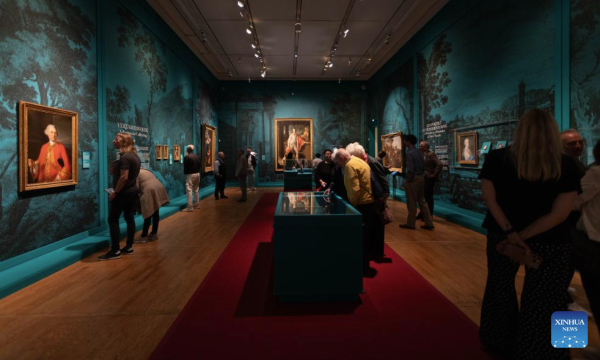 Visitors view artworks during a media preview of the The Grand Tour - Destination Italy exhibition at the Mauritshuis museum in The Hague, the Netherlands, Sept. 17, 2025.
The exhibition, which is scheduled to kick off on Thursday, traces the traditions of young noblemen in the 17th and 18th centuries on educational travels through Europe, with Italy as their destination. (Photo by Sylvia Lederer/Xinhua)