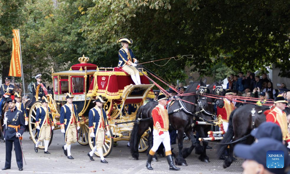 This photo taken on Sept. 16, 2025 shows the Prince's Day parade in The Hague, the Netherlands. The third Tuesday of September is the Prince's Day in the Netherlands, which marks the opening of the Dutch parliamentary season, and on this day the reigning monarch outlines the government's plans for the year ahead. (Photo by Sylvia Lederer/Xinhua)