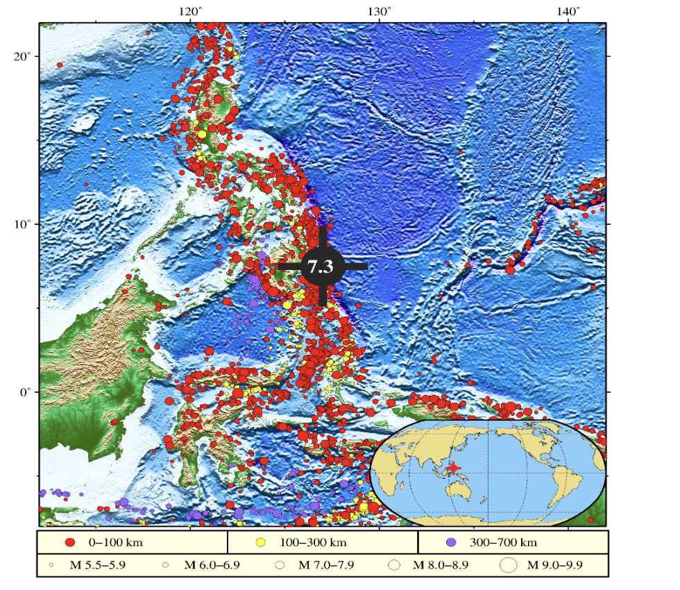 Location of a magnitude 7.3 earthquake struck the sea area near the Philippine Islands region Photo: the tsunami warning center of China's Ministry of Natural Resources