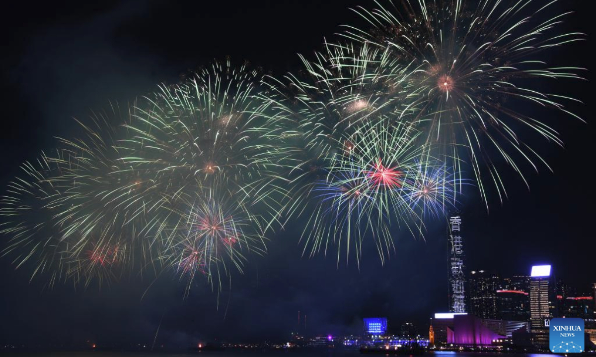 Fireworks celebrating the 76th anniversary of the founding of the People's Republic of China illuminate the sky over Victoria Harbour in Hong Kong, south China, Oct. 1, 2025. (Xinhua/Chen Duo)