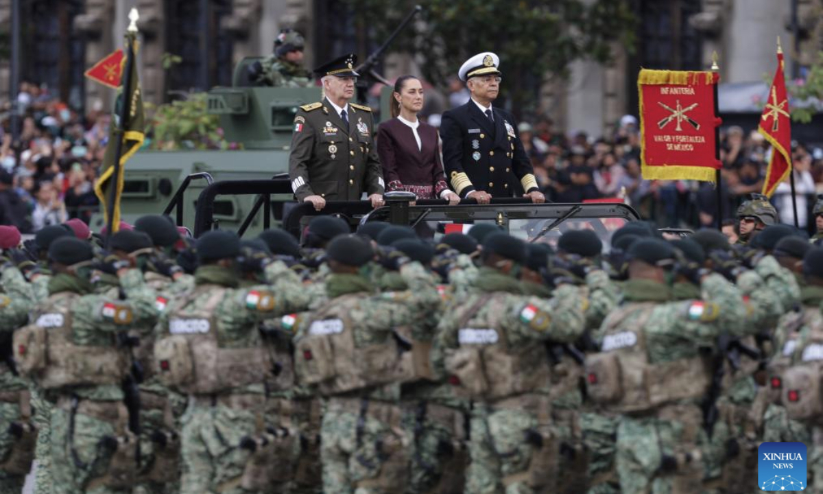 Mexican president Claudia Sheinbaum (C) attends an Independence Day military parade at the Zocalo Square in Mexico City, Mexico, on Sept. 16, 2025. (Photo by Francisco Canedo/Xinhua)