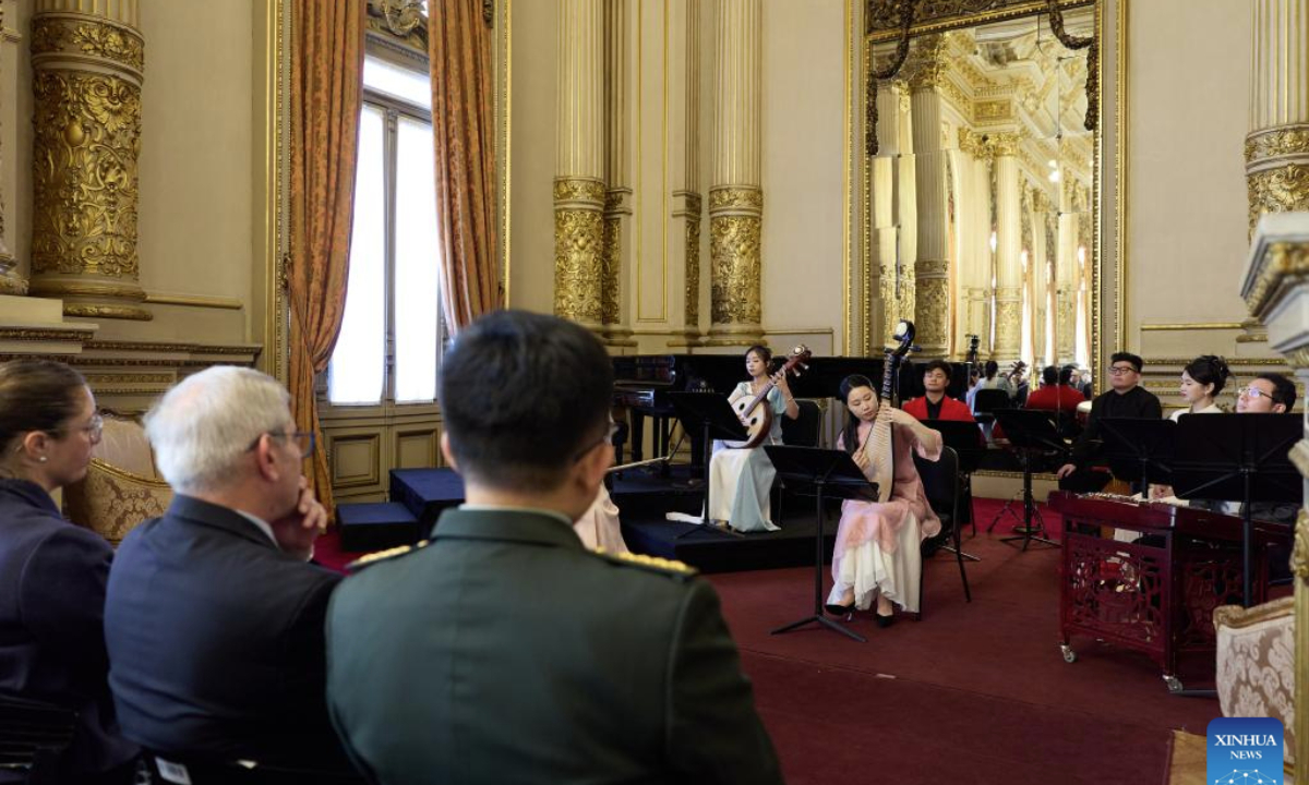 Musicians from China Conservatory of Music perform traditional Chinese pieces during a Chinese folk music concert at the Colon Theater in Buenos Aires, Argentina, Sept. 22, 2025. (Xinhua/Meng Dingbo)