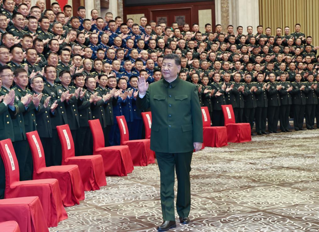Chinese President Xi Jinping, also general secretary of the Communist Party of China Central Committee and chairman of the Central Military Commission, meets with representatives of military personnel stationed in northwest China's Xinjiang Uygur Autonomous Region, in Urumqi, the regional capital, Sept. 23, 2025. (Xinhua/Li Gang)