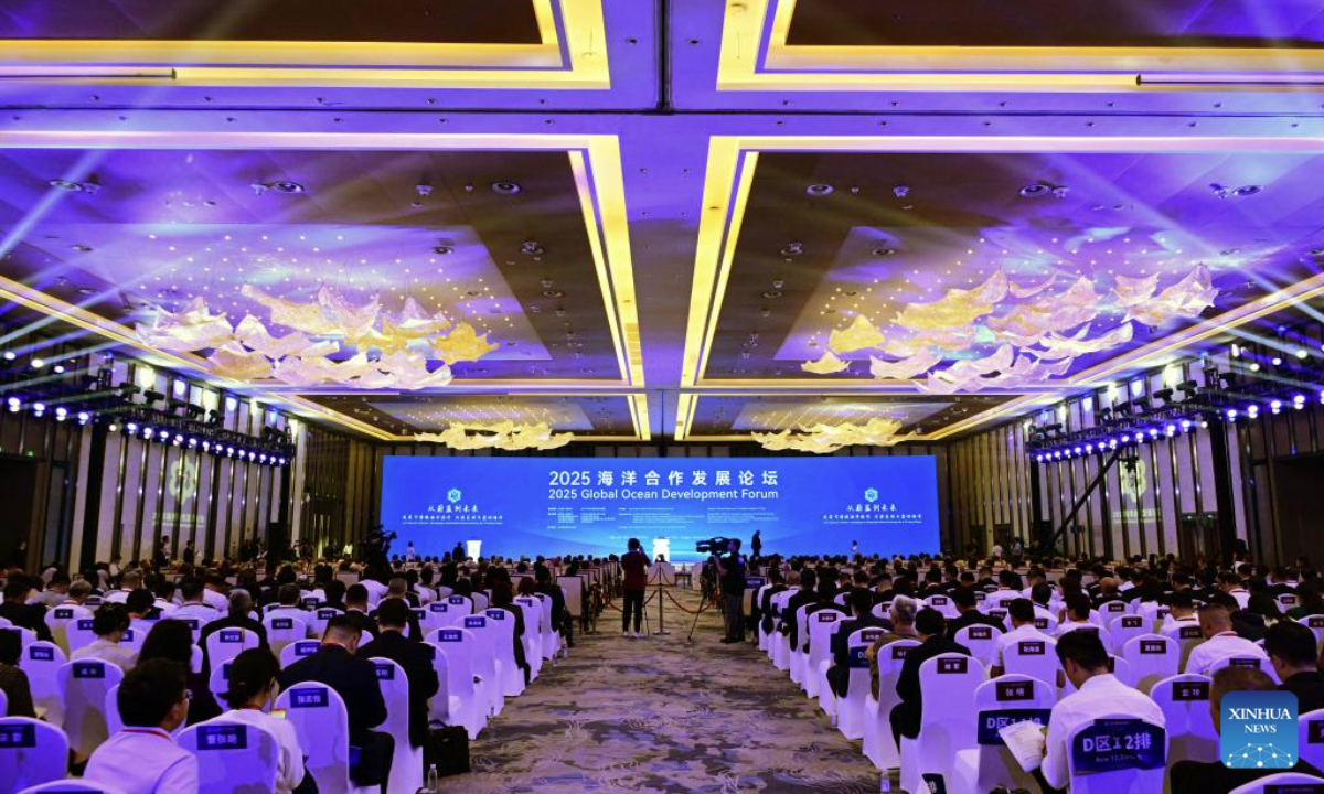This photo taken on Sept. 8, 2025 shows a scene at the opening ceremony of the 2025 Global Ocean Development Forum in Qingdao, east China's Shandong Province. Themed Let's Sea Our Futures--Developing a Sustainable Marine Economy for a Thriving Ocean, the 2025 Global Ocean Development Forum kicked off here on Monday. (Xinhua/Li Ziheng)
