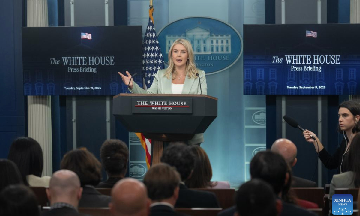 White House Press Secretary Karoline Leavitt speaks during a press briefing at the White House in Washington, D.C., the United States, on Sept. 9, 2025. The White House on Tuesday described Israel's attack in the Qatari capital of Doha as unfortunate, saying that U.S. President Donald Trump feels very badly about the attack. The president views Qatar as a strong ally and friend of the United States, and feels very badly about the location of this attack, Leavitt said at the White House briefing. (Xinhua/Hu Yousong)
