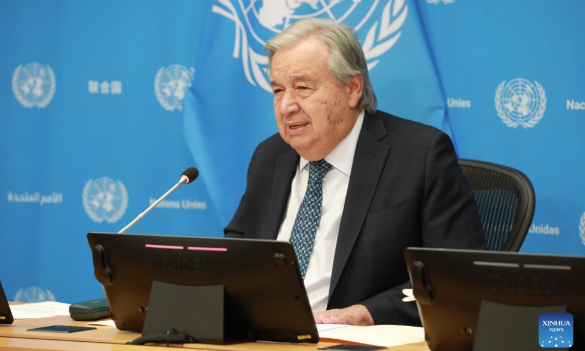 UN Secretary-General Antonio Guterres speaks to the press at the UN headquarters in New York, Sept. 16, 2025. Guterres said on Tuesday that the global initiatives proposed by China are totally compatible with the UN Charter. (Xinhua/Xie E)
